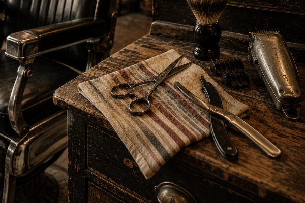 A warm vintage-style barber shop interior featuring a classic black barber chair, rustic wooden workstation, antique mirror, barber pole lighting, and traditional barber tools arranged on a worn wooden counter with nostalgic retro aesthetics.