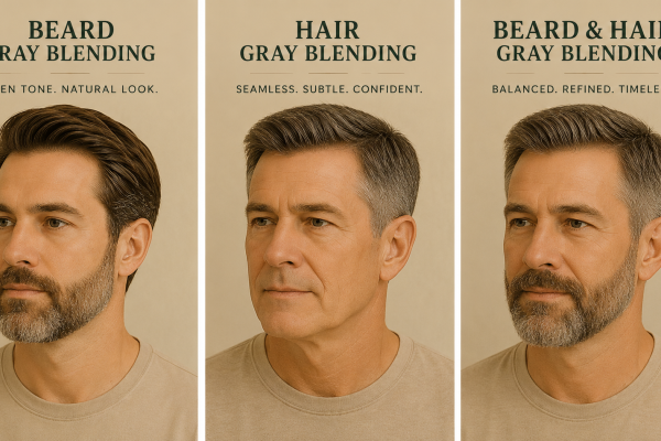 Men's gray blending options at Timberlodge Parlor: beard gray blending for even tone, hair gray blending for a seamless look, and combined beard and hair gray blending for a balanced, refined result.