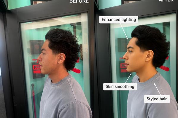 Before and after of a client's haircut photo that was cleaned up using AI/Photoshop and filters