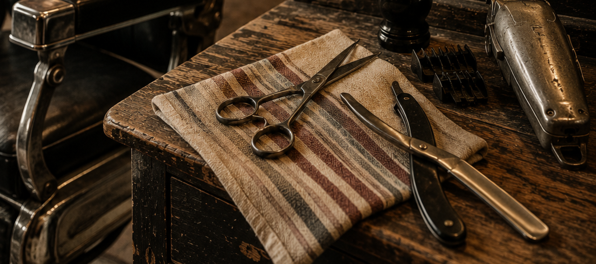 A warm vintage-style barber shop interior featuring a classic black barber chair, rustic wooden workstation, antique mirror, barber pole lighting, and traditional barber tools arranged on a worn wooden counter with nostalgic retro aesthetics.