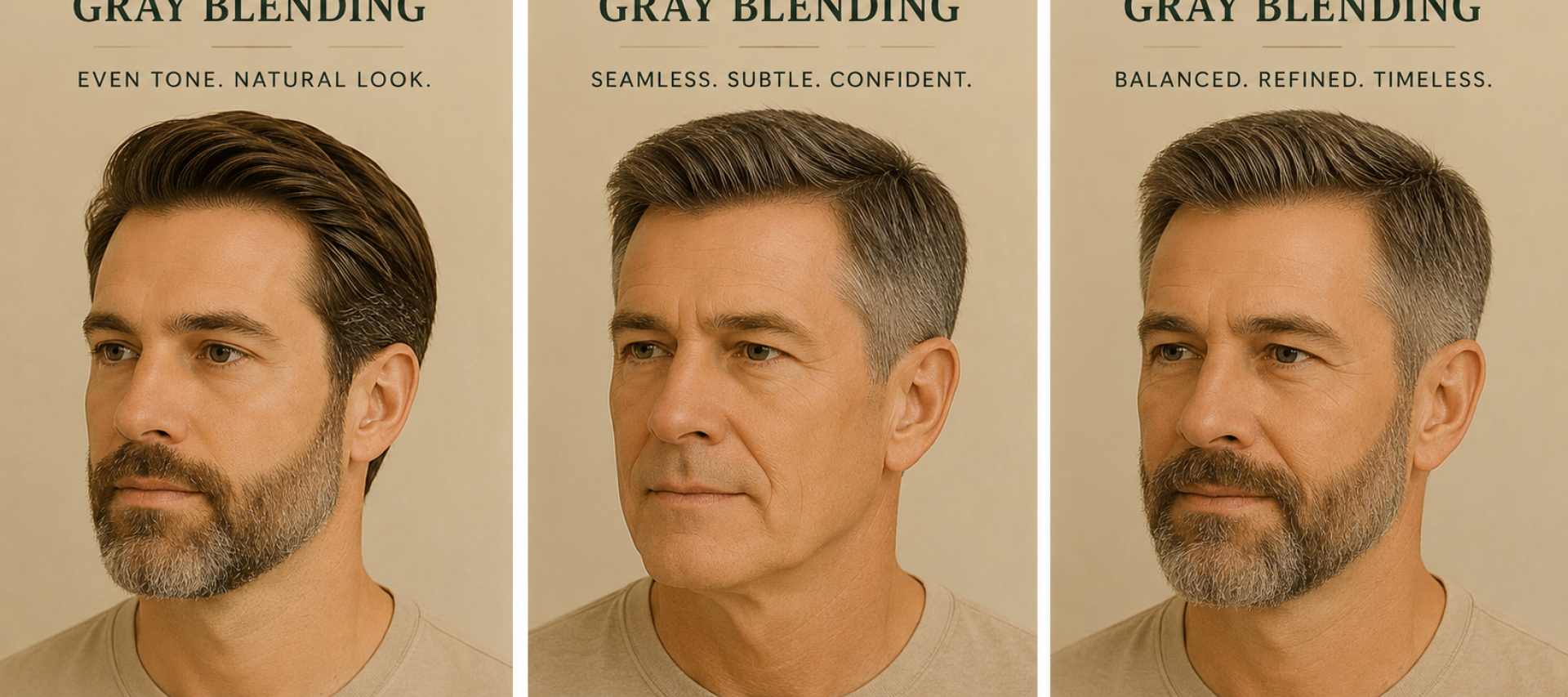 Men's gray blending options at Timberlodge Parlor: beard gray blending for even tone, hair gray blending for a seamless look, and combined beard and hair gray blending for a balanced, refined result.
