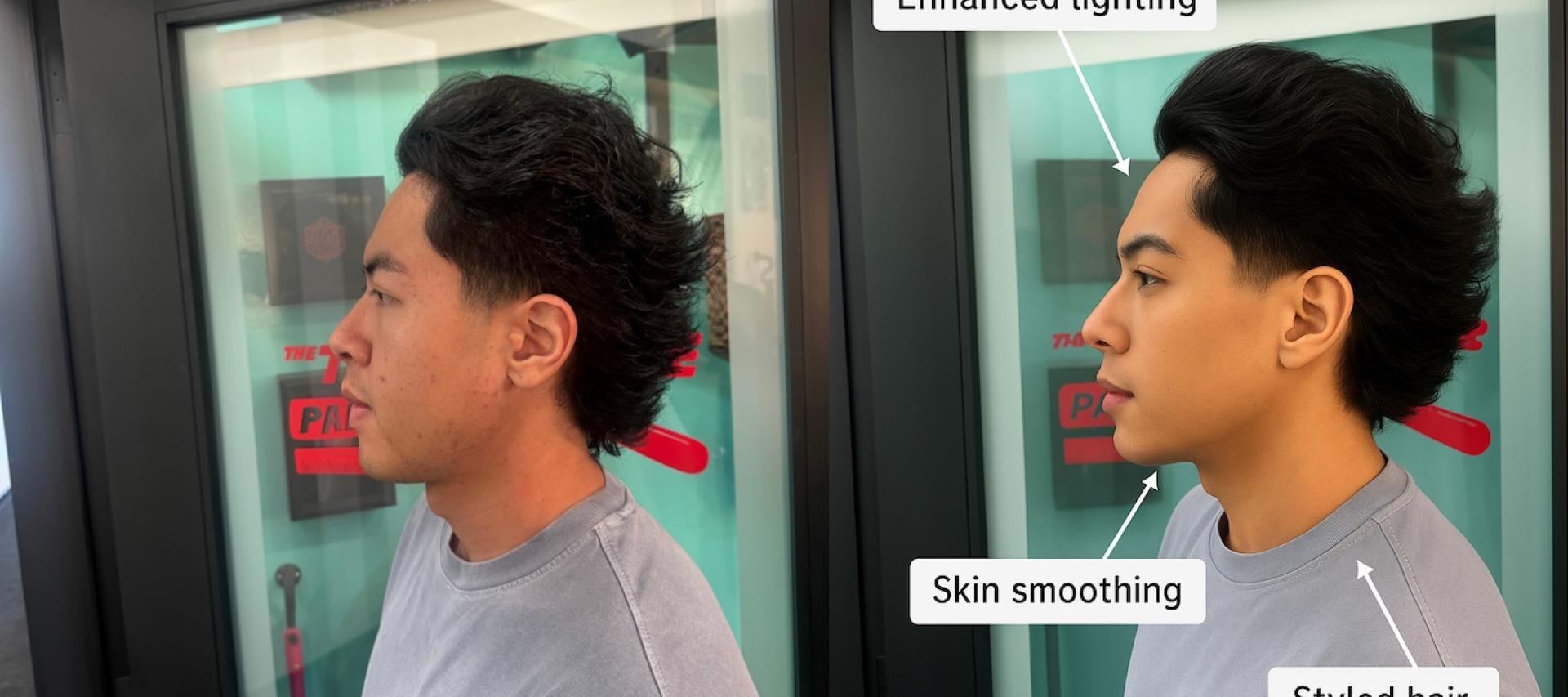 Before and after of a client's haircut photo that was cleaned up using AI/Photoshop and filters
