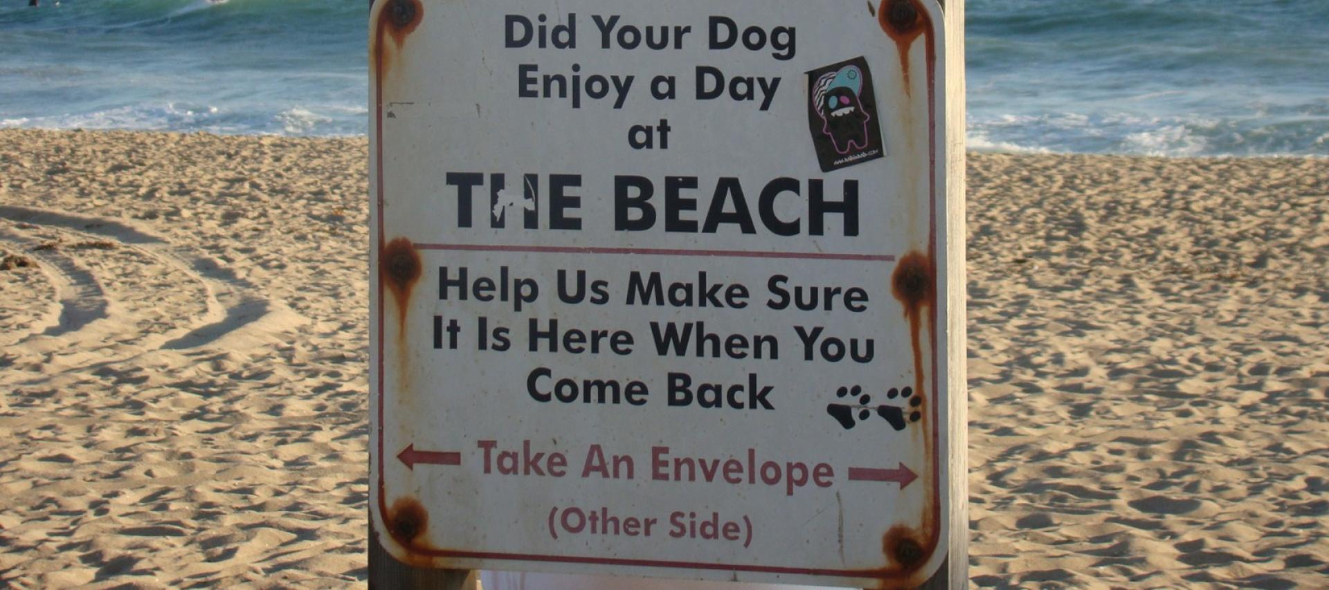 A Shiba Inu behind the Huntington Dog Beach sign, with the ocean behind