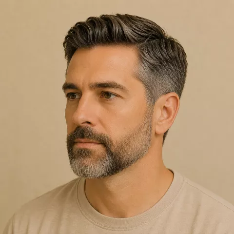 Man with gray-blended beard and hair at Timberlodge Parlor barbershop in Huntington Beach