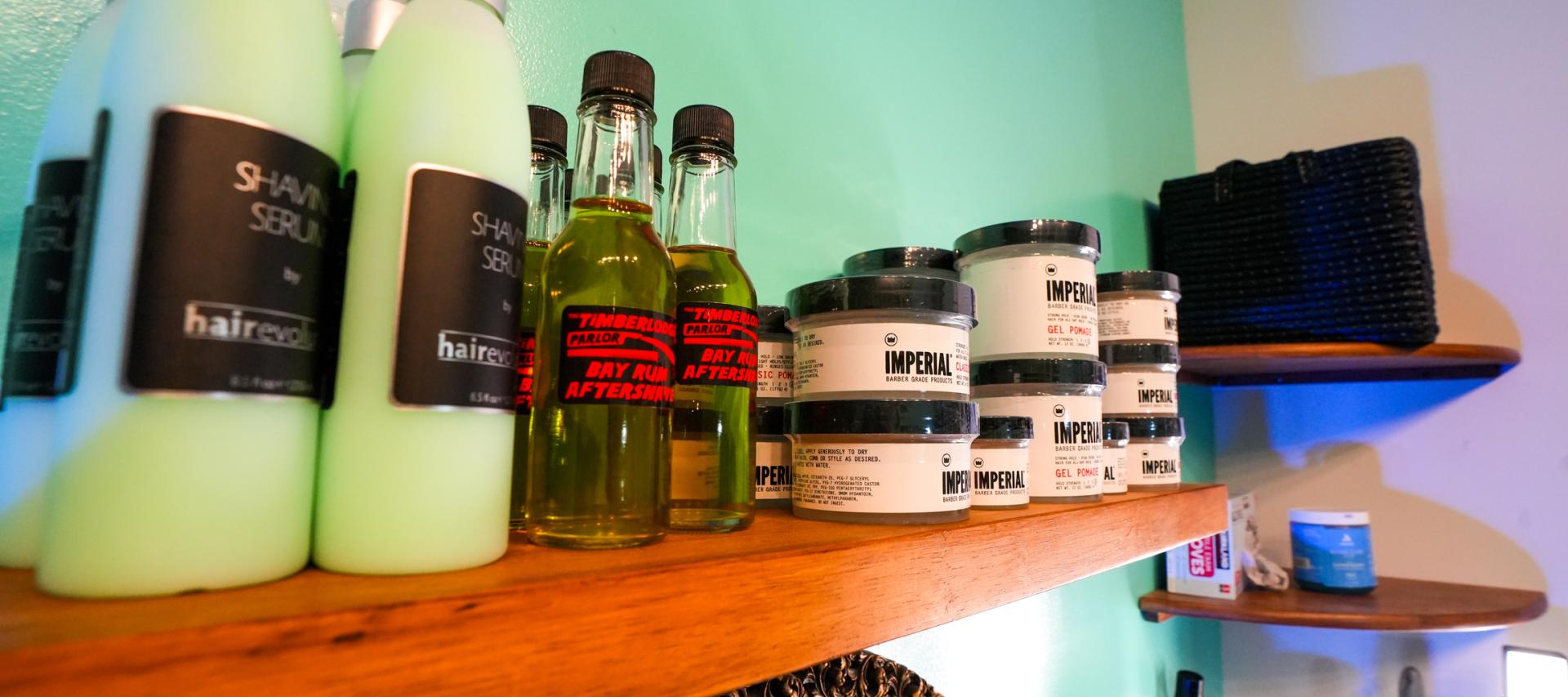 A full selection of hair products available for purchase at Timberlodge Parlor